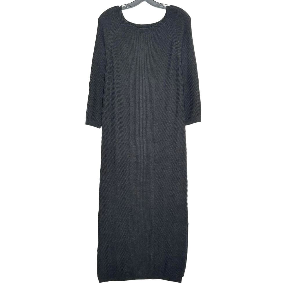 Massimo Dutti Ribbed Maxi Sweater Dress Black Linen 3/4 Sleeve Minimalist XS